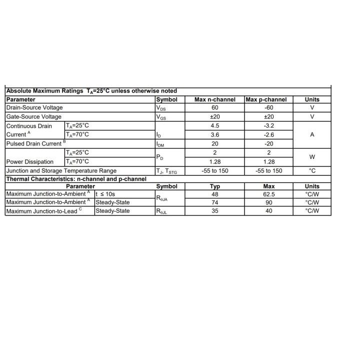 AO4612 60V N-Channel & P-Channel Mosfet 4612 SOIC-8 Alpha Omega Origin