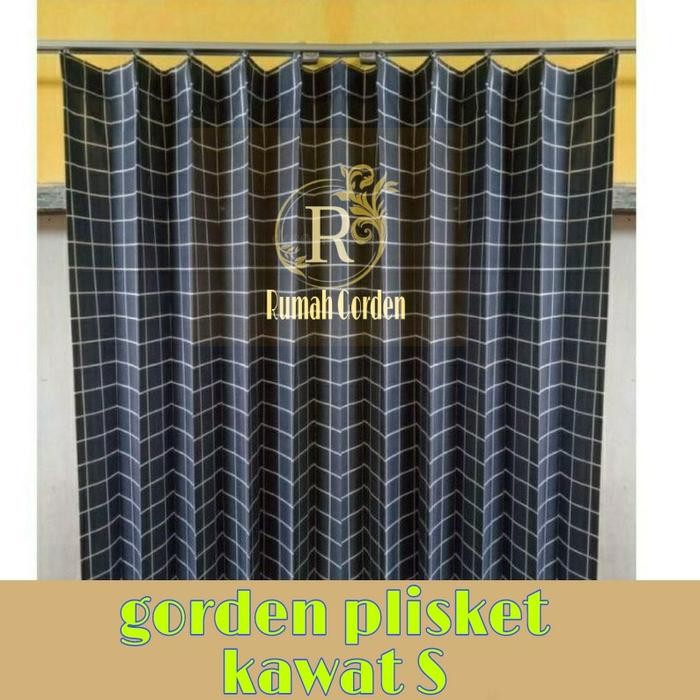 Pilihan- Tirai Gorden Pintu Kamar Kotak Kotak Plisket Jendela Hitam
