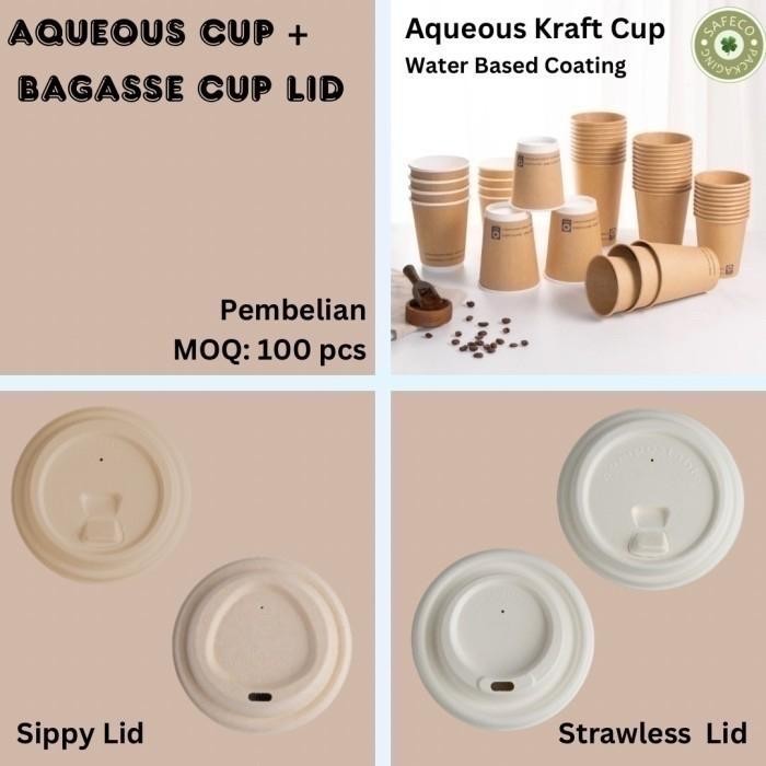 Bagasse Cup Lid Tutup Gelas Kopi Ramah Lingkungan dan Aqueous Kraft Paper Cup Gelas Kertas Kraft 8oz