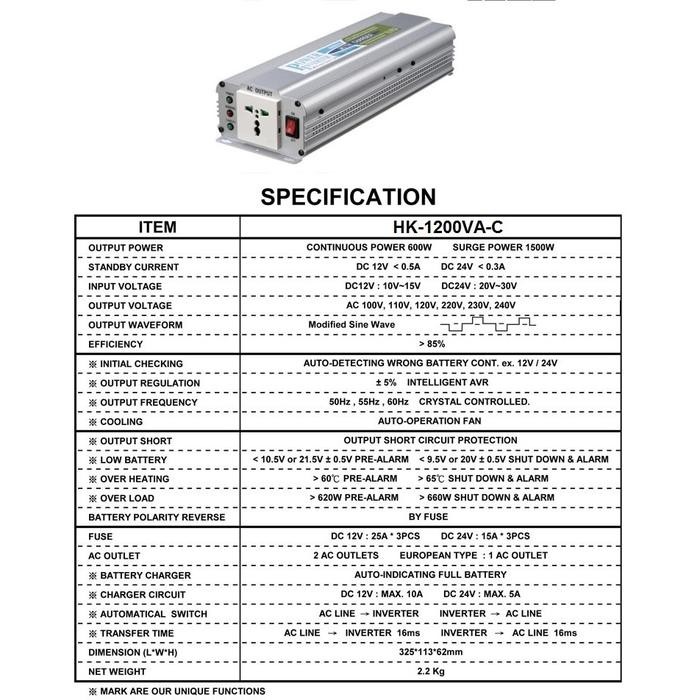 POWER INVERTER DC TO AC + CAS AKI 10A HK 1200 VA 12V HACHIKO TAIWAN
