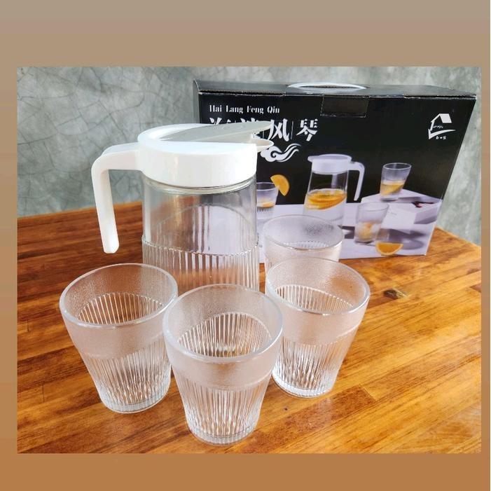 TEKO KACA BENING MOTIF MEWAH SET DAPAT 1 TEKO + GLASS 4 KACA !! HARGA GUDANG