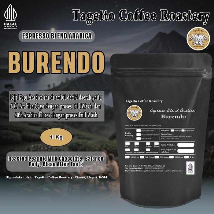 

BIJI KOPI ESPRESSO BLEND BURENDO 1KG 100% ARABIKA ARABICA BEAN GROUND BUBUK 1 KG TAGETTO COFFEE