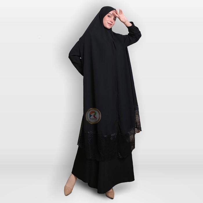 Raisma Gamis syari hitam manasik mewah elegan set khimar panjang 150
