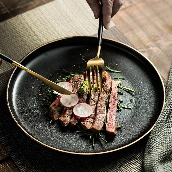 Black Matte Gold Plate Series / Piring Saji Makan Steak Keramik Hitam Matte Estetik Elegan Mewah
