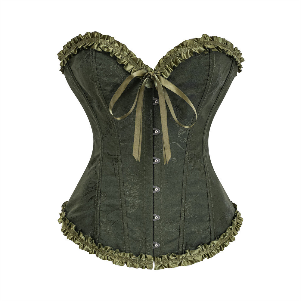 Army Green Ruffled Trim Overbust Gothic Corset Top Women Vintage Clothes Victorian Bustiers & Corset