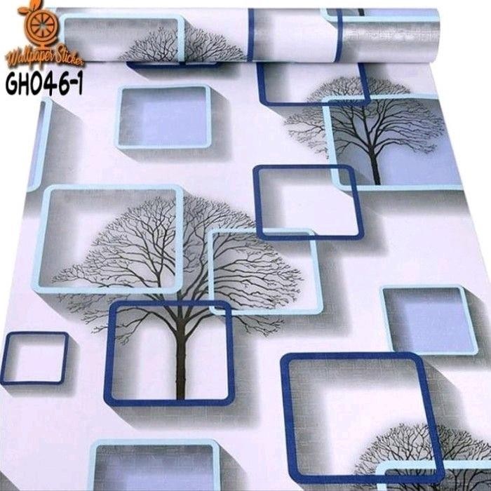 Wallpaper Stiker Dinding Motif 3D Kotak Akar Pohon Biru