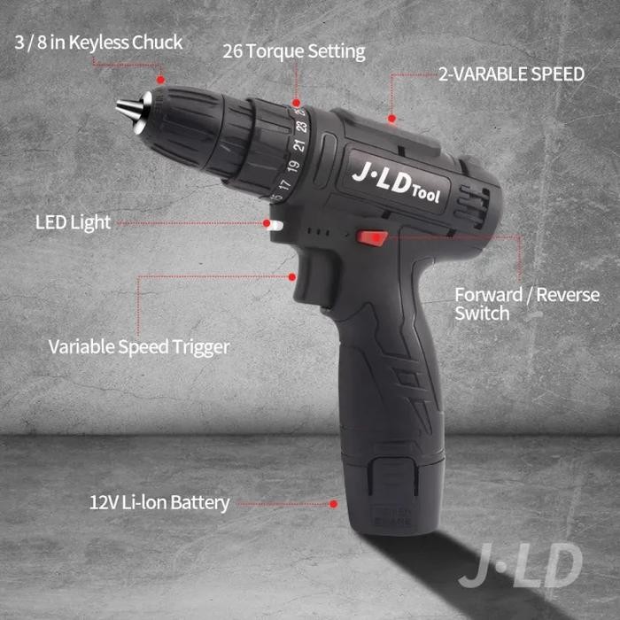 JLD Mesin bor baterai 12V Bor Tanpa kabel Hitam Bor Bolak Balik bor baterai cas komplit bor