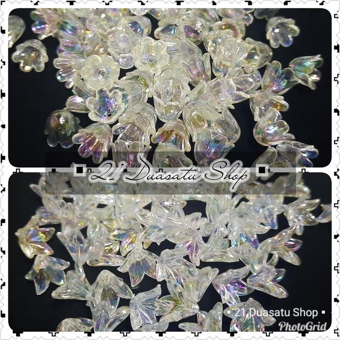(Pon) Manik akrilik kelopak corong bunga tulip putih bening pelangi AB/manik mote kerajinan tangan