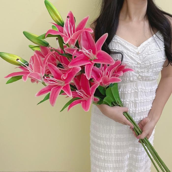 Termurah- Bunga Lily Latex Besar Jumbo 4 Cabang Bunga Hias Premium Tangkai 108Cm