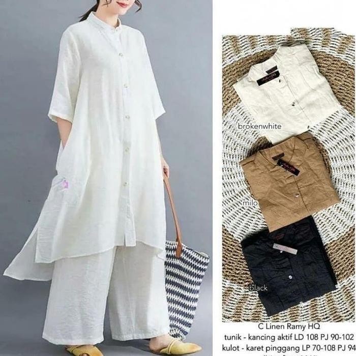 Setelan Muslim Wanita Terbaru / One Set Tunik+Kulot Bahan Katun Linen