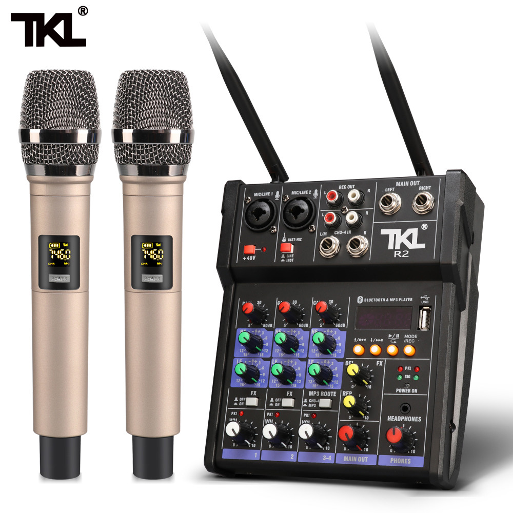 TKL 4 channel audio mixer console with wireless microphone sound