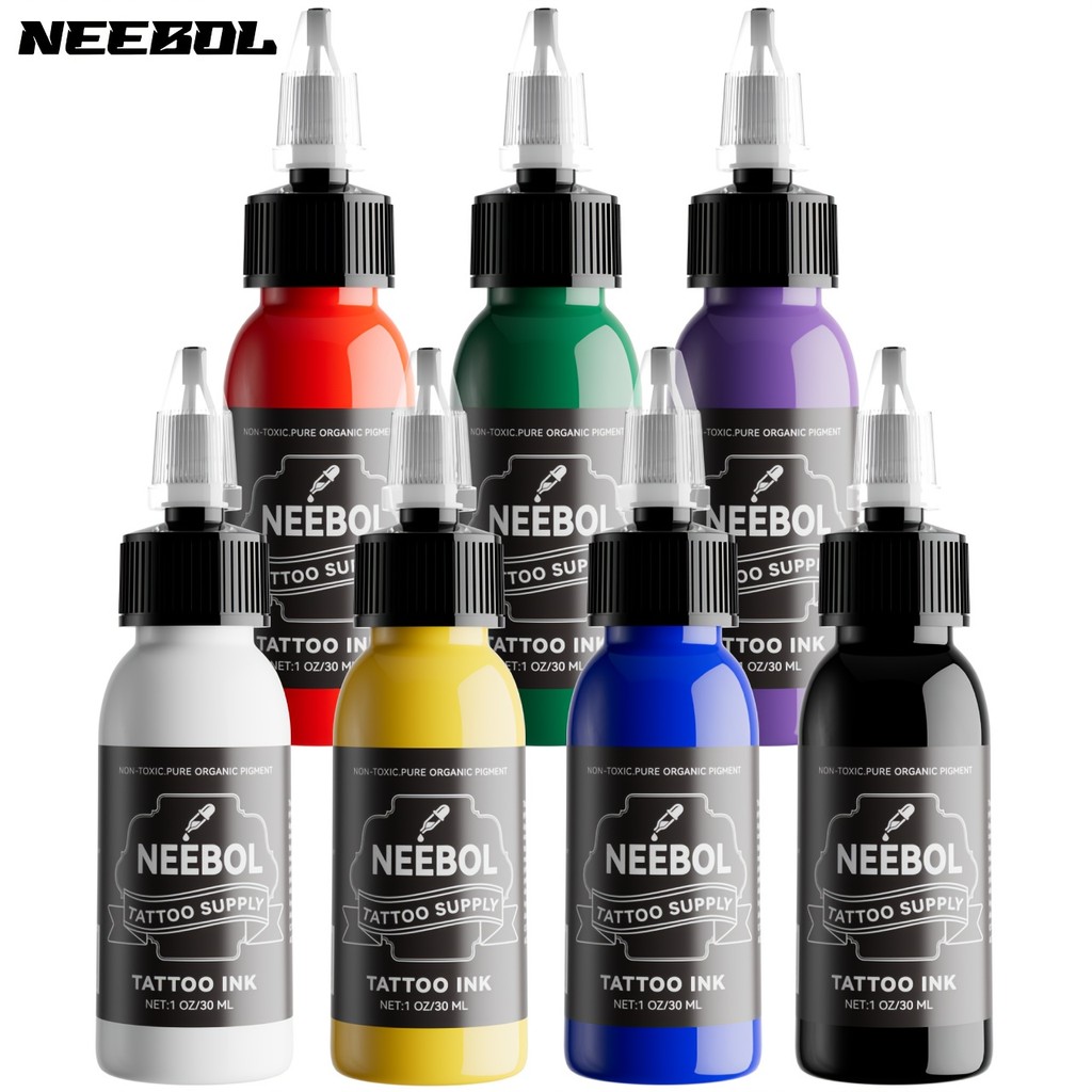 1Set, Neebol Tattoo Ink Set, German Toner Tattoo Ink Set - 1Oz Bottles, 7 Bold Colors For