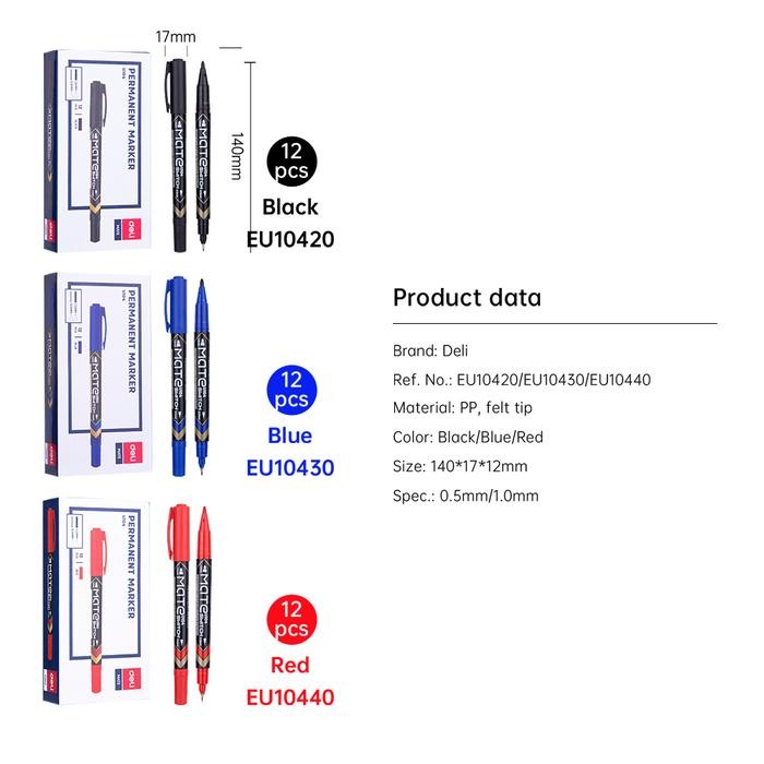 

Deli Spidol Permanen Dual Tip 0.5mm / 1.0mm Tidak Beracun EU104X0