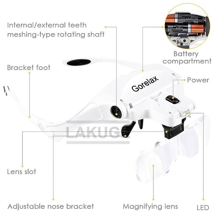 

Kacamata Pembesar 5x Magnifier 2 LED Head Illuminated Loupe Magnifier
