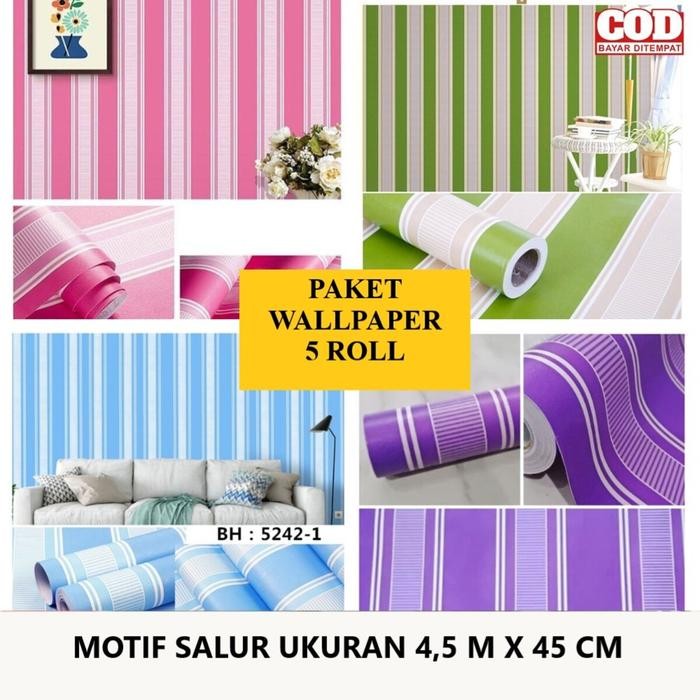 Paket Wallpaper 5 Roll Motif Salur / Dekorasi Dinding / Salur Hijau / Salur Biru / Salur Pink /