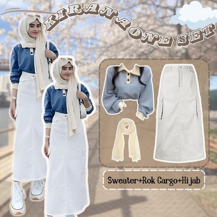 Kirana One Set Hijab Korean Style Sweater+Rok Cargo+Hijab Outfit Wanita Kekinian OOTD Hangout