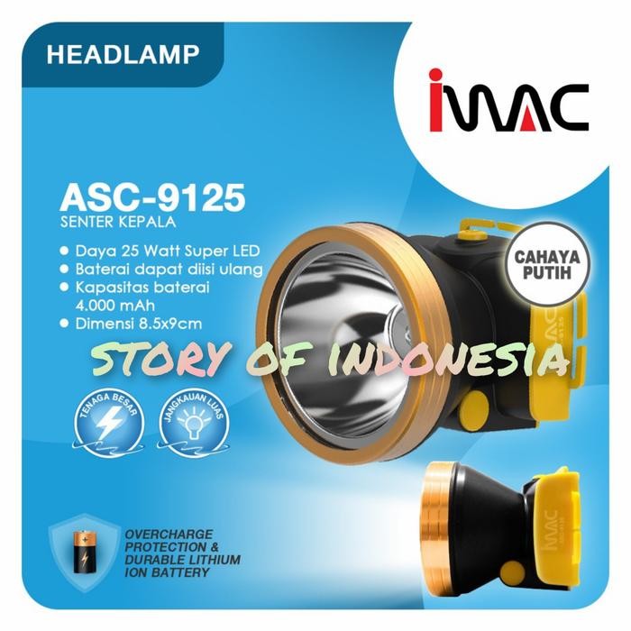 SENTER KEPALA LED WARNA PUTIH 25 WATT CHARGER IMAC ASC 9125