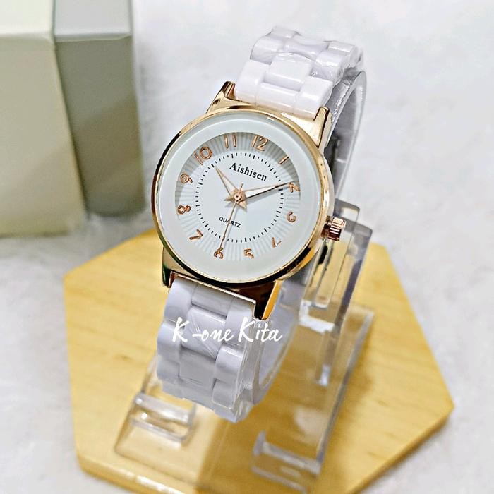 Jam Tangan Wanita Analog Mika Keramik Putih dengan Angka - Watches Permata Quartz jam wanita