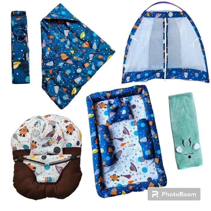 paket hemat kasur bayi set klambu motif roket biru Bayi Baru lahir Bayi Balita Cewek Cowok Alas