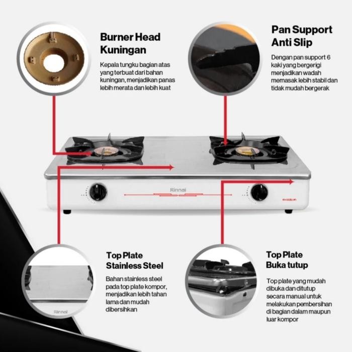 Kompor gas rinai rinnai 2 tungku stenlis stainless RI-602EW putih