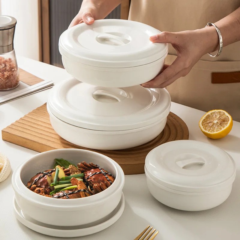 Ceramic Steamed Egg Bowl with Lid Plate Stew Bowl Fresh Soup Plate Steamed Meat Bowl Household Oven