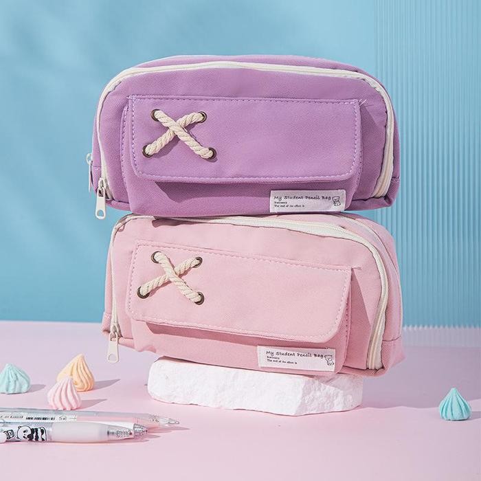 

Tsa (Cod) Tempat Pensil Model Pita Silang Kotak Pensil Tali Rami Ritsleting Ganda Bahan Kanvas Pouch