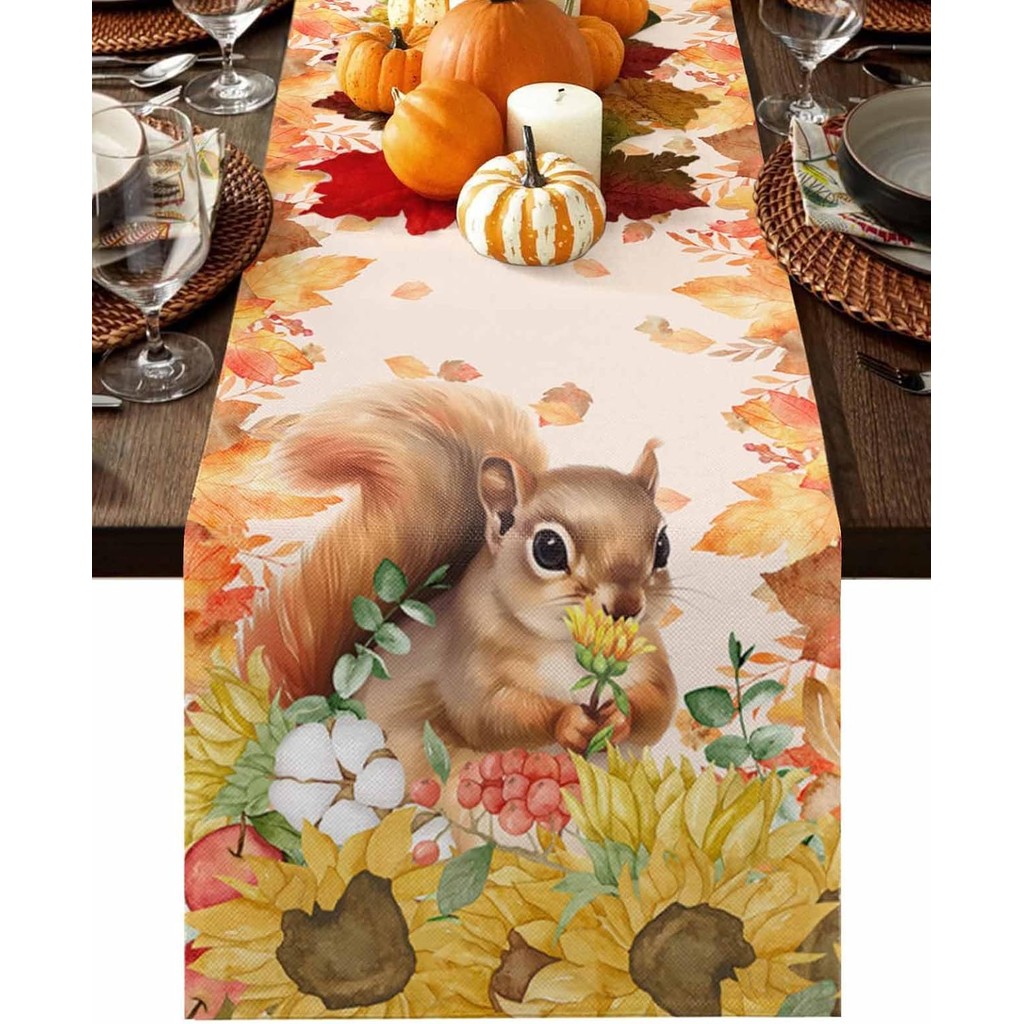 Fall Squirrel Maple Leaf Linen Table Runner Dress Scarves Table Decor Autumn Harvest Kit en Dining
