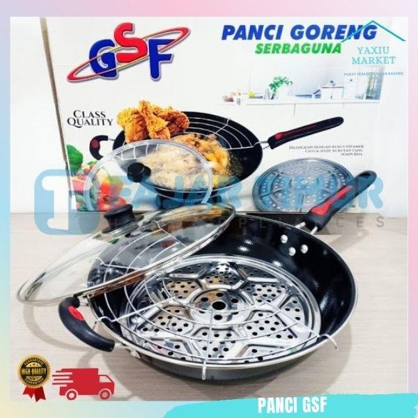 PREMIUM Panci Goreng 32 CM + Tirisan Minyak + Tempat Kukus GSF Tutup Kaca