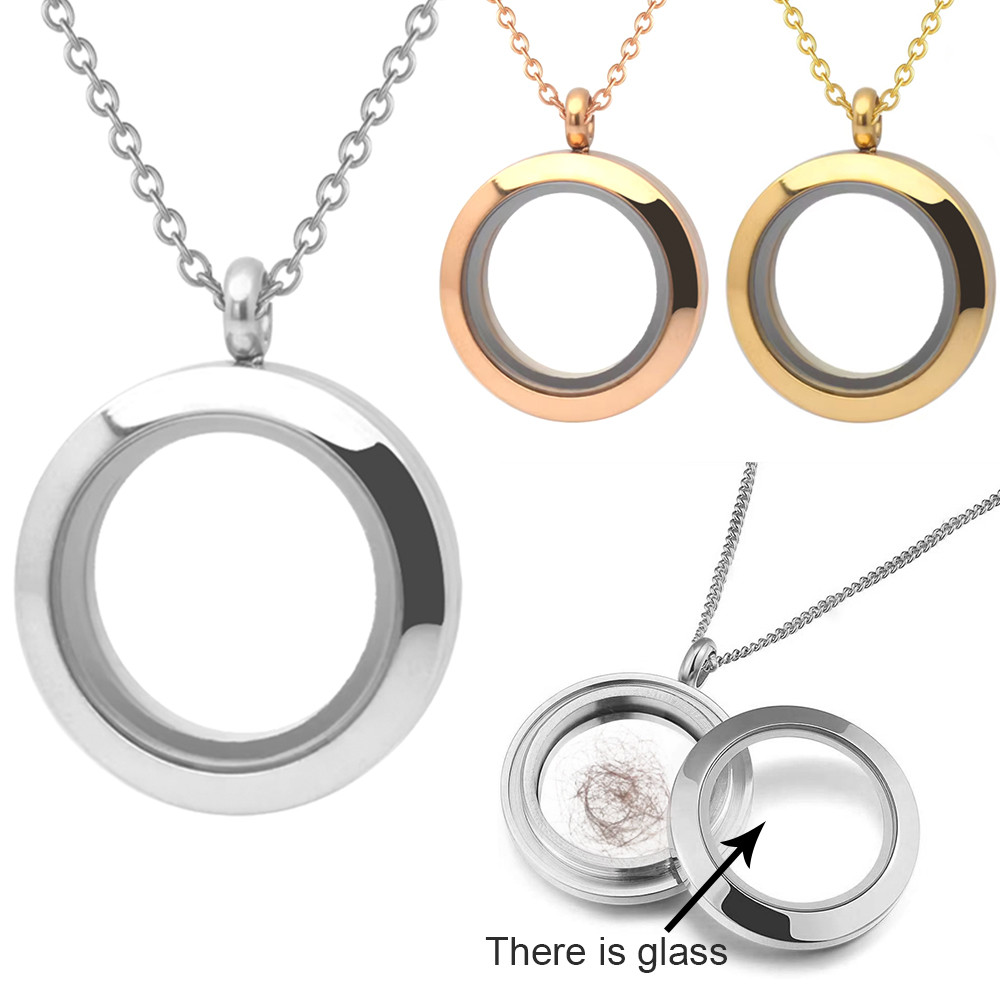 Cremation Jewelry Stainless Steel Memory Locket Charm Flat Round Necklace With Glass Double Sided