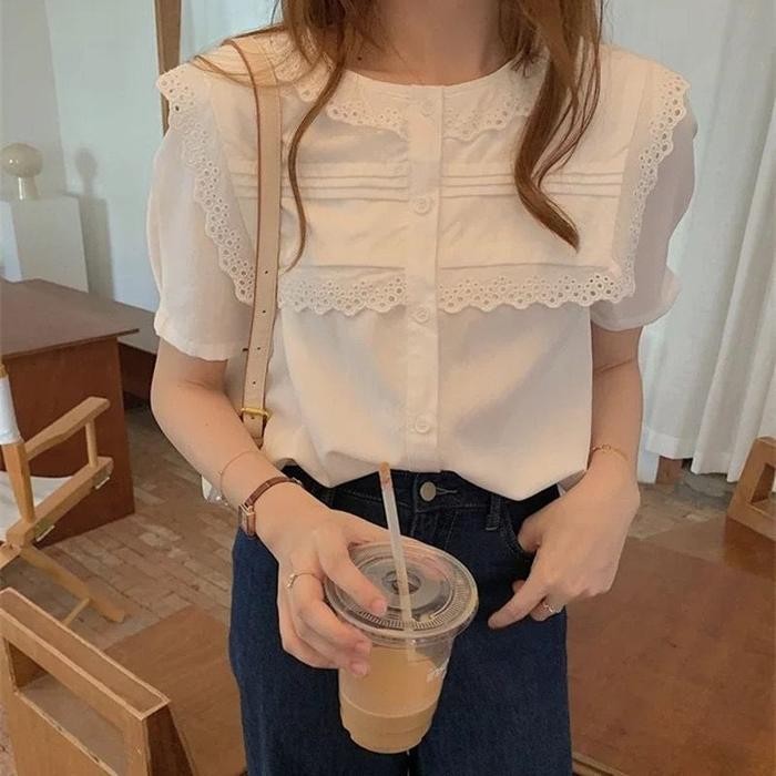 BEST SELLER Blouse Putih Wanita Renda Lengan Pendek Korea Style Rinjani Top White Blus Import