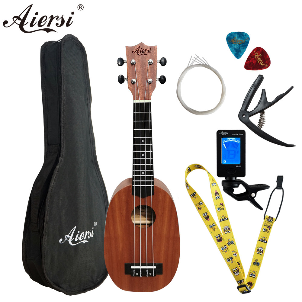 Aiersi-Full Set Mahogany Ukulele with Bag,Strap, Capo,Tuner,Picks, 4 Strings, Soprano, Pineapple,