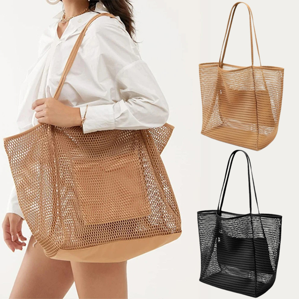 Sale Beach Nylon Mesh Tote Bag, Casual Tote Bag Women Foldable Shoulder Bag For Beach Picnic