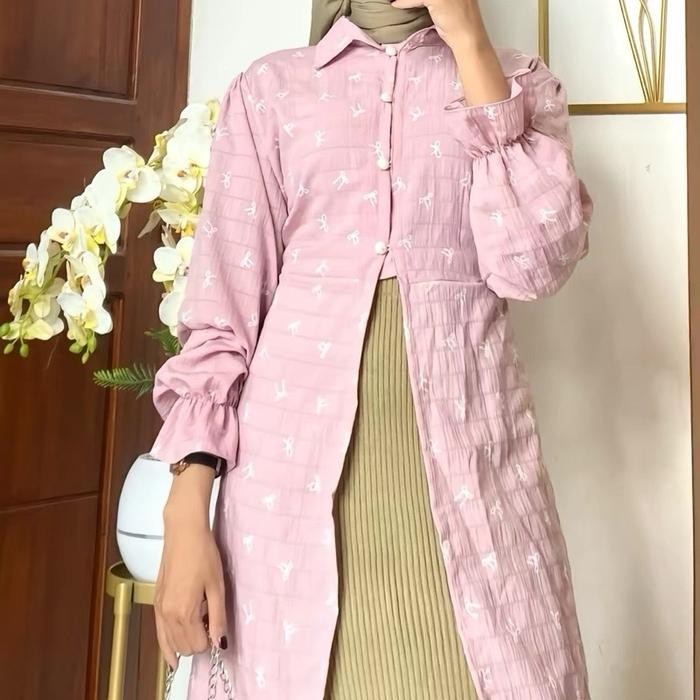 Rosa-Lily Long Outer Motif bunga tunik luaran cantik baju muslimah Crinkle