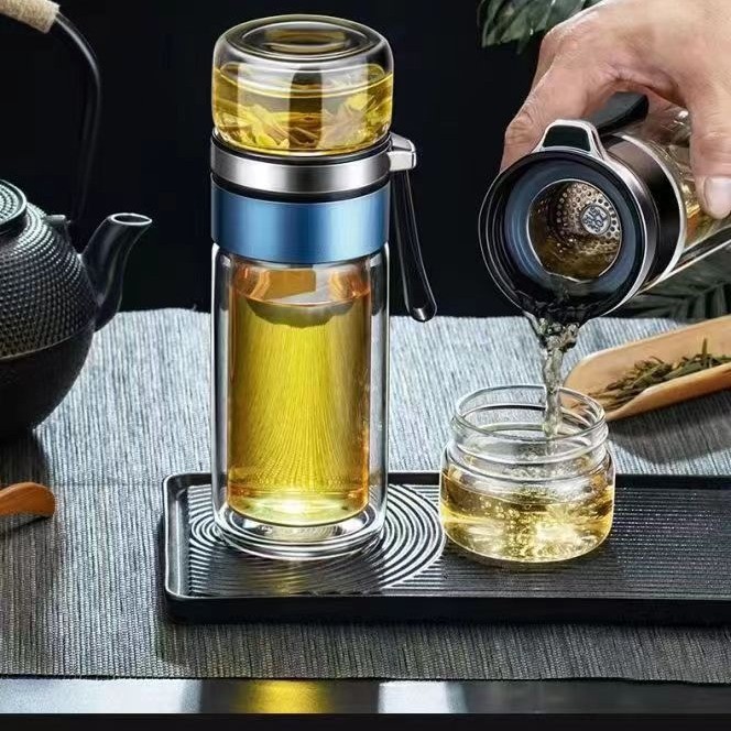 Glass Tea Infuser Bottle Leak-Proof Travel Mug Double Wall Tea Cup Portable Infuser Water Bottle, Wa