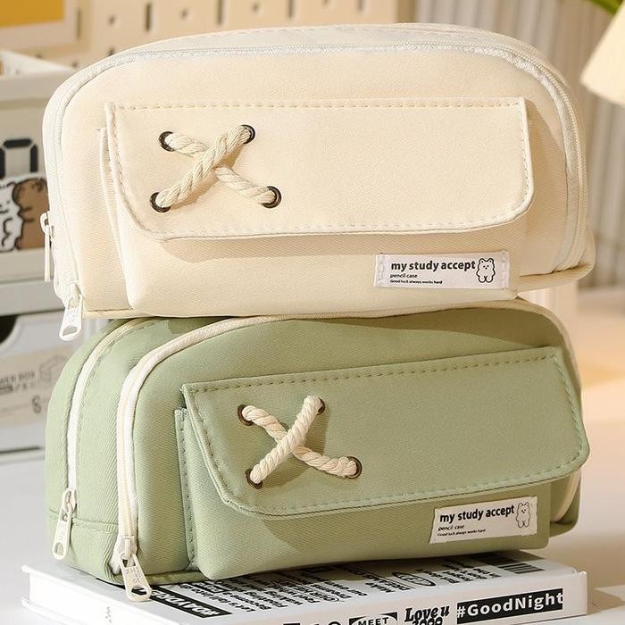 

TSA Tempat Pensil Model Pita Silang Kotak Pensil Tali Rami Ritsleting Ganda Bahan Kanvas Pouch