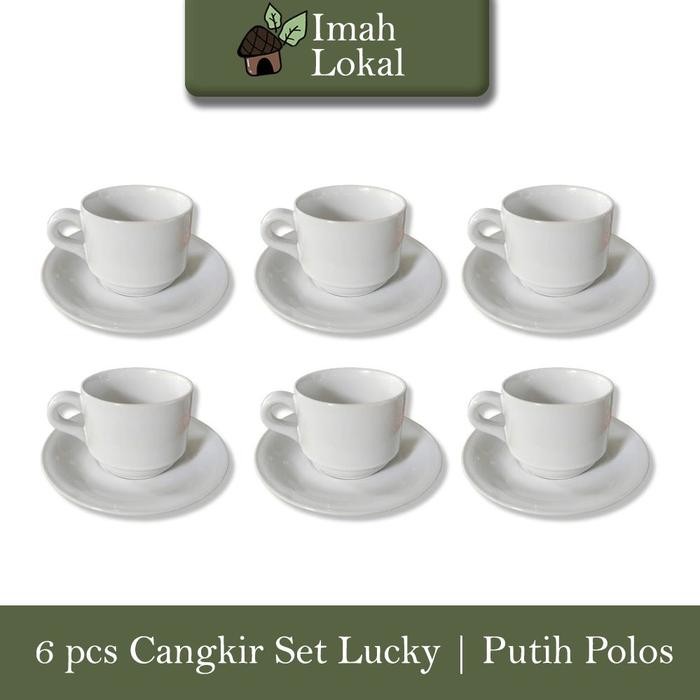 6 Set Cangkir Keramik Lucky Gelas Minum Kopi Teh Warna + Pisin / Tatakan - Putih Polos #Gratisongkir