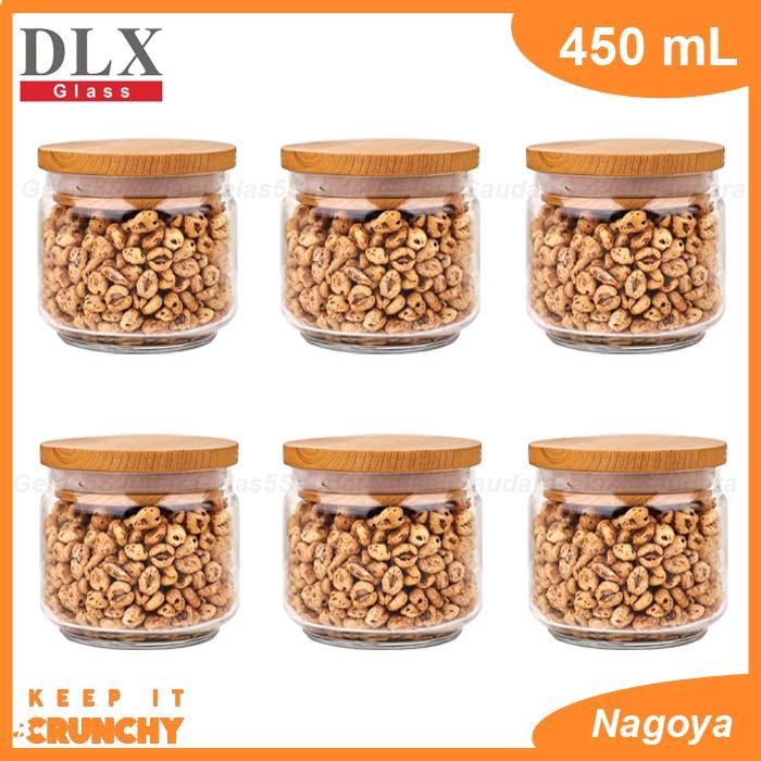 1 SET 6 PCS Toples DLX Nagoya 450mL/Toples Kue/Toples Kaca Tutup Kayu