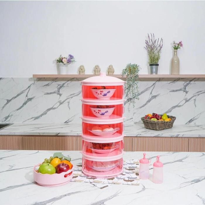 PREMIUM TUDUNG SAJI 5 SUSUN TINGKAT PINK DISHES KEEPER LEMARI MAKANAN TEBAL