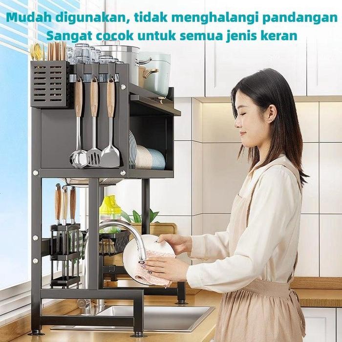 105Cm Rak Dapur Dengan Penutup Rak Piring Mangkuk Stainless Rak Piring Wastafel Multifungsi Rak
