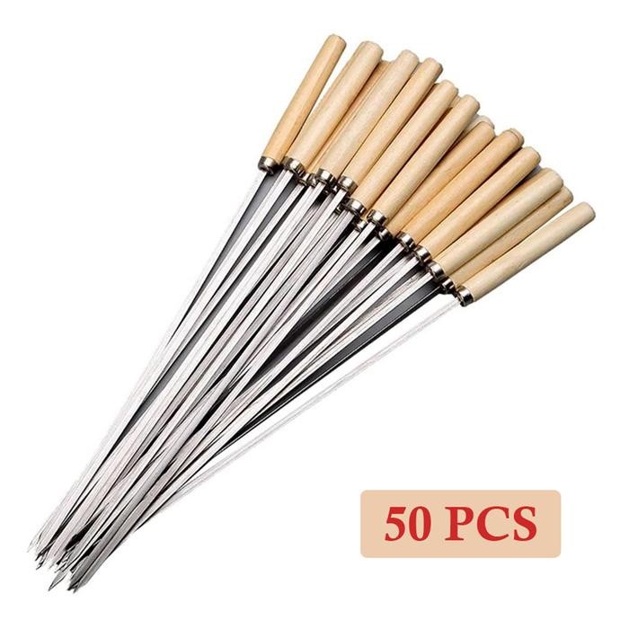 50 Buah Alat Tusuk Sate Stainless Steel Stik Besi Gagang Kayu Tusukan Bakar Ikan Udang Barbeku