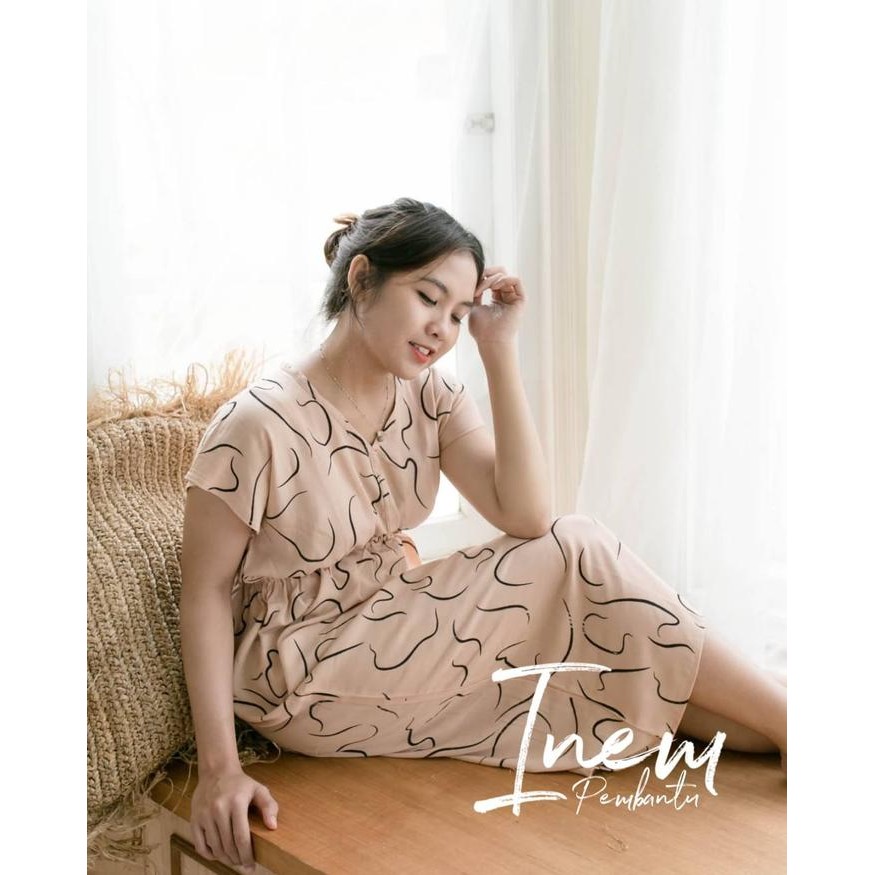 Daster Manohara Motif Cacing leher V neck Rayon Nyaman Kain Karet Panjang Tidur