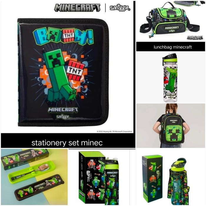Smiggle Minecraft Backpack, Lunch Bag, Stationery, Botol Tali, Sendok