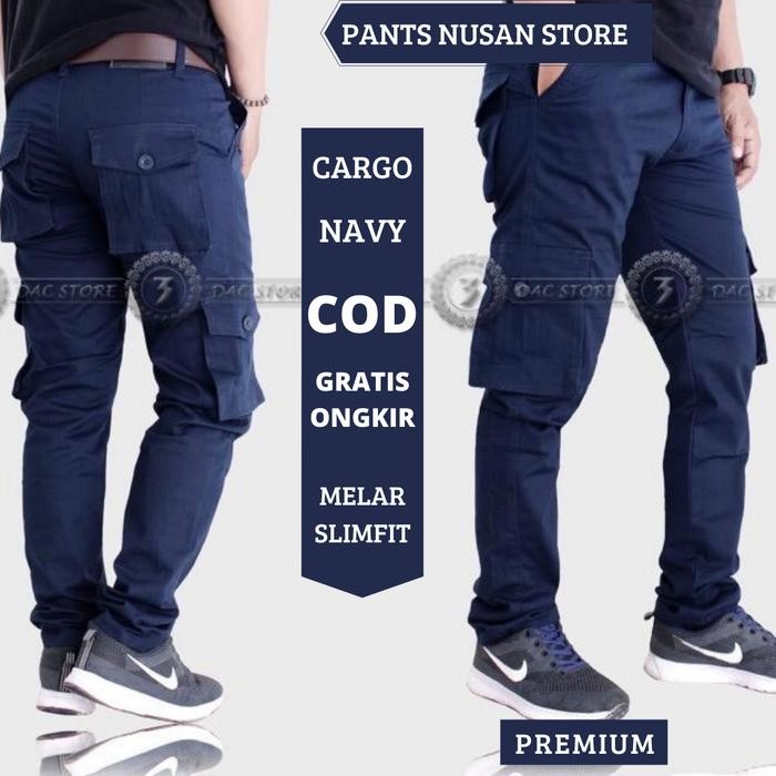 PNS Celana Cargo PDL Premium Biru Navy Panjang Pria Strecth Slimfit *