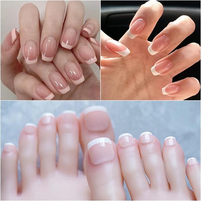 24pcs set kuku palsu tangan dan kaki model french manicure + lem tahan air fake nails art bridal