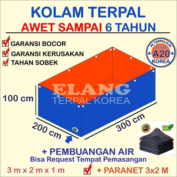 Terpal Kolam Ikan Kotak 300x200x100 / 200x300x100 / 3x2x1 Bahan Korea Untuk Budidaya Ikan Lele,