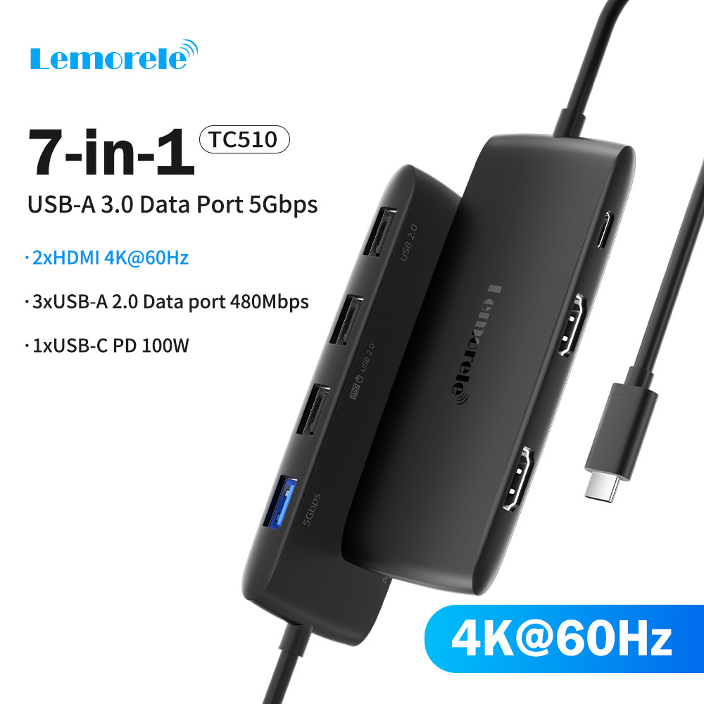 IMPORT Lemorele 4K USB-C Hub 7 Ports Docking Station USB Hub Adapter USB C to Dual HDMI 4K@60Hz for