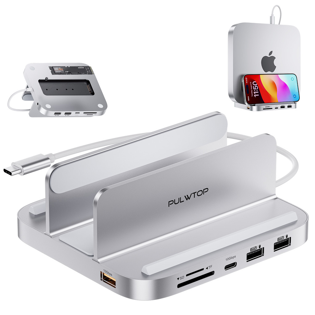 PULWTOP USB-C Stand Hub with SSD Enclosure for Mac Mini, 8-in-1 Vertical Mac Mini Dock,for 2018 Late