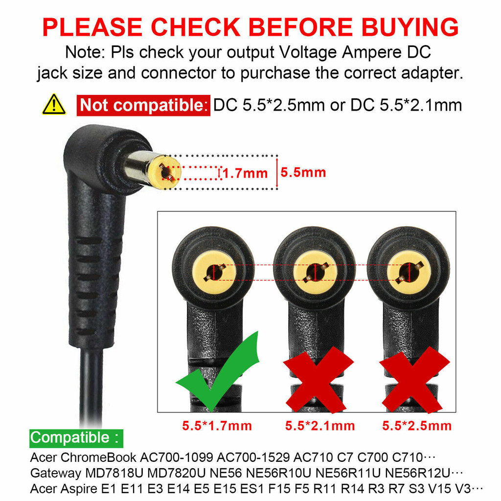 Auregon New 65W 19V 3.42A Adapter Charger Power Supply Cord for Acer N17908 V85 R33030