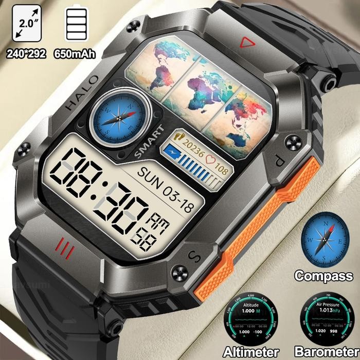 2023 New Military Smart Watch Men 650 mAh Battery Compass Altimeter