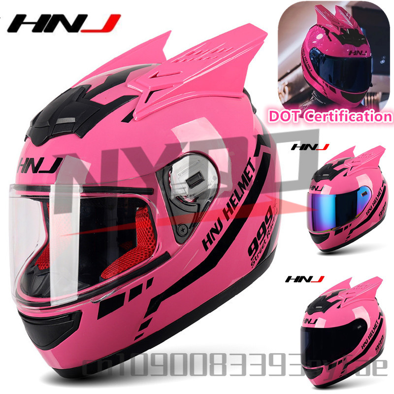 Hnj Motorcycle Helmet For Women And Men Riding Personality Horn Pink Full Face Helmet Dot